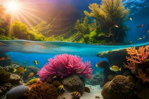 underwater scene with coral reef and tropical fish. AI-Generated photo