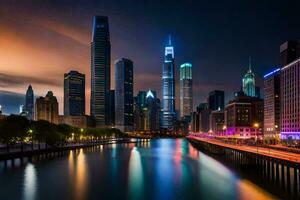 el chicago horizonte a noche. generado por ai foto