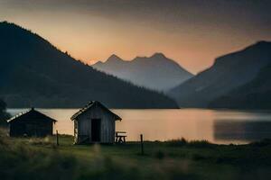 photo wallpaper the sky, mountains, lake, hut, sunset, the mountains, the lake,. AI-Generated