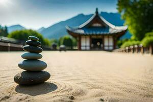 a stack of rocks in front of a pagoda. AI-Generated photo