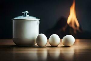 eggs on a table in front of a fireplace. AI-Generated photo