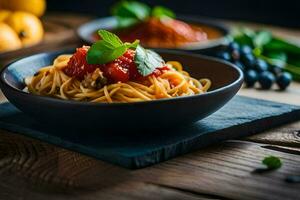 spaghetti with tomato sauce and basil leaves in a bowl. AI-Generated photo