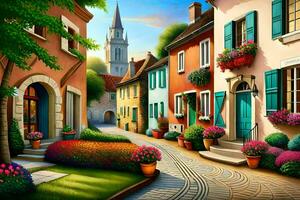 a painting of a street with flowers and houses. AI-Generated photo