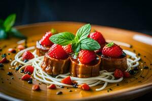 a plate with spaghetti and strawberries on it. AI-Generated photo