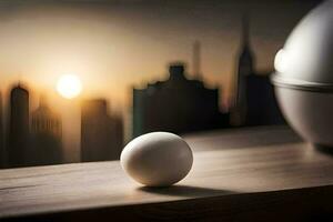 egg on a table in front of a city skyline. AI-Generated photo