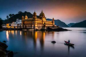 a boat in the water at dusk with a castle in the background. AI-Generated photo