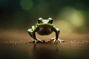 a frog is standing on the ground with a blurry background. AI-Generated photo