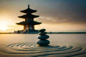 a pagoda in the sand with a stack of stones. AI-Generated photo
