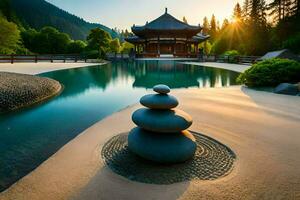 un japonés pagoda se sienta en el medio de un lago. generado por ai foto