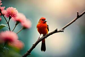 a red bird sits on a branch with pink flowers. AI-Generated photo