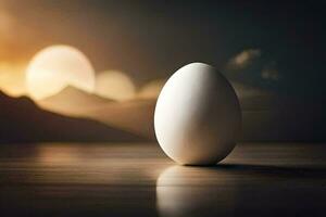 un huevo sentado en un mesa en frente de un puesta de sol. generado por ai foto