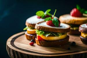 small sandwiches with strawberries and cheese on a wooden board. AI-Generated photo