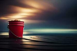 a red bucket sitting on a wooden table with a cloudy sky. AI-Generated photo