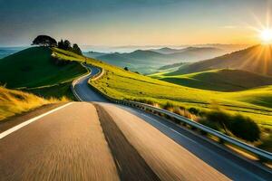 el la carretera a el puesta de sol. generado por ai foto