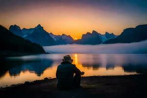 un hombre sentado en el apuntalar de un lago a puesta de sol. generado por ai foto