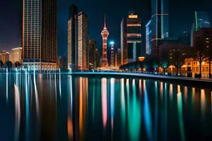 the city lights reflect off the water in shanghai. AI-Generated photo