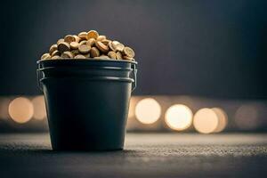 a bucket filled with peanuts on a dark background. AI-Generated photo