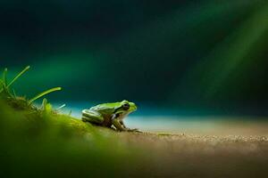 a frog sitting on the ground in front of a green background. AI-Generated photo