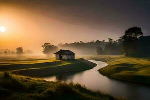 a small house sits on a grassy field at sunrise. AI-Generated photo