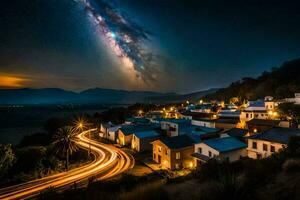 the milky shines brightly over a town at night. AI-Generated photo