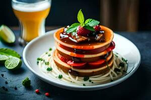 a stack of pancakes with tomato sauce and cheese. AI-Generated photo