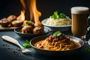 espaguetis con albóndigas y un taza de café. generado por ai foto