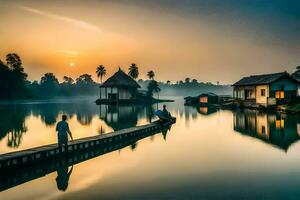 people on a dock at sunrise in a lake with houses. AI-Generated photo