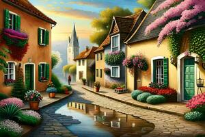 a painting of a street with flowers and houses. AI-Generated photo