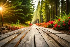wooden path in the forest with sun shining. AI-Generated photo