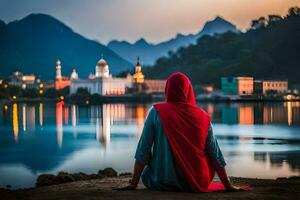 a woman in a red cloak sitting on the shore of a lake. AI-Generated photo