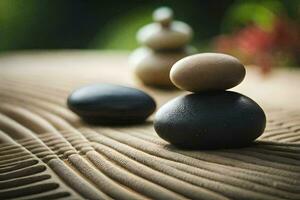 two stones are sitting on top of a wooden table. AI-Generated photo