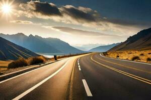 an empty road with mountains in the background. AI-Generated photo