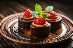 three chocolate desserts with strawberries on a wooden plate. AI-Generated photo