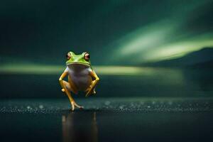 a frog jumping on the water with a dark background. AI-Generated photo