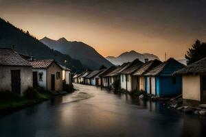 un río carreras mediante un pueblo a puesta de sol. generado por ai foto