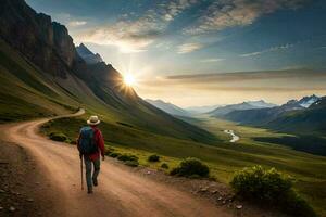 un hombre con un mochila caminando abajo un suciedad la carretera en el montañas. generado por ai foto