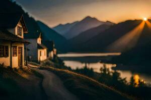 photo wallpaper the sky, mountains, road, house, sunset, the sun. AI-Generated