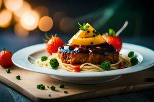 a plate with spaghetti and meat on top of a wooden table. AI-Generated photo