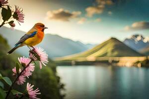 un pájaro se sienta en un rama cerca un lago y montañas. generado por ai foto