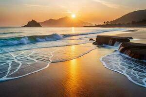 the sun rises over the ocean in this beautiful beach scene. AI-Generated photo