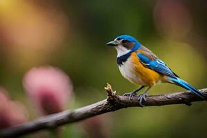 a blue and orange bird is sitting on a branch. AI-Generated photo