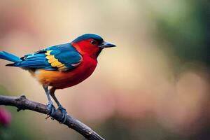 a colorful bird sits on a branch. AI-Generated photo