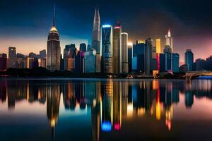 el ciudad horizonte es reflejado en el agua a noche. generado por ai foto