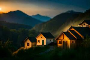 foto fondo de pantalla el cielo, montañas, casas, el sol, el montañas, el atardecer, el. generado por ai