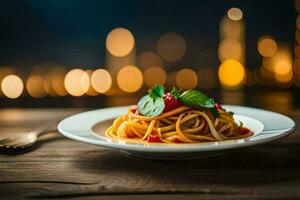 spaghetti with tomato sauce and basil on a plate. AI-Generated photo