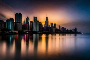 the chicago skyline is reflected in the water at sunset. AI-Generated photo