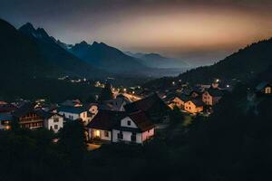 un pueblo a oscuridad en el montañas. generado por ai foto