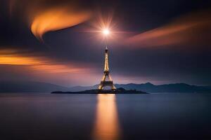 el eiffel torre es iluminado arriba a noche. generado por ai foto