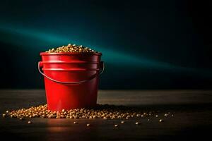 a red bucket filled with yellow seeds on a dark table. AI-Generated photo