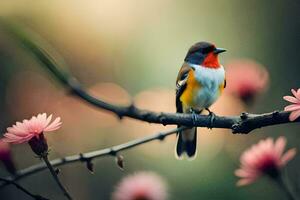 a bird sitting on a branch with pink flowers. AI-Generated photo